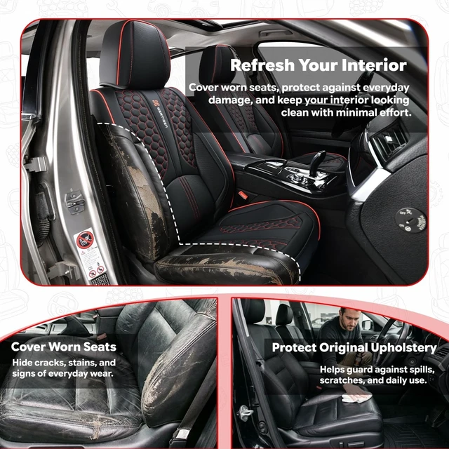 Alt view image 6 of 7 - Black and Red Leather Car Seat Cover Set, with Lumbar Support