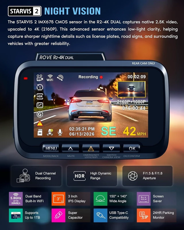 Alt view image 4 of 7 - R2-4K Dual Dash Cam Front and Rear, STARVIS 2 Sensor, Free 128GB Card