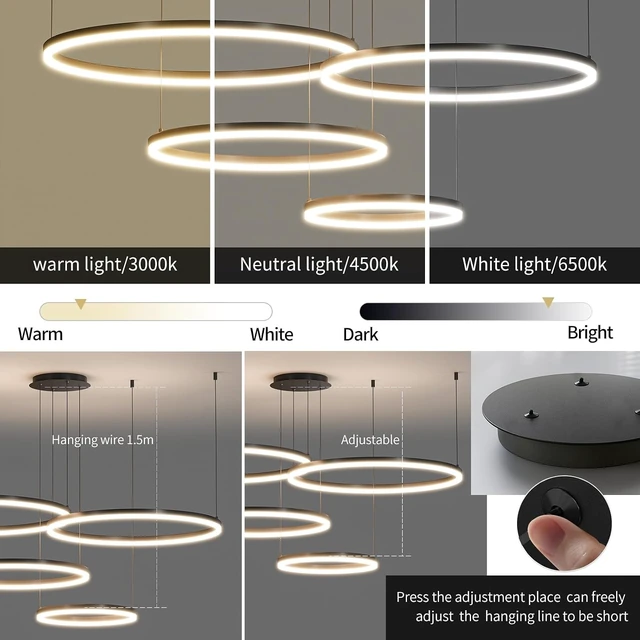 Alt view image 2 of 7 - Modern Ceiling Chandelier Light, with Remote Control Dimmable 3 Color Mode & Brightness Ceiling Lamp, Anti-Flicker Dining Light Fixture for Kitchen, Dining Room(Black)