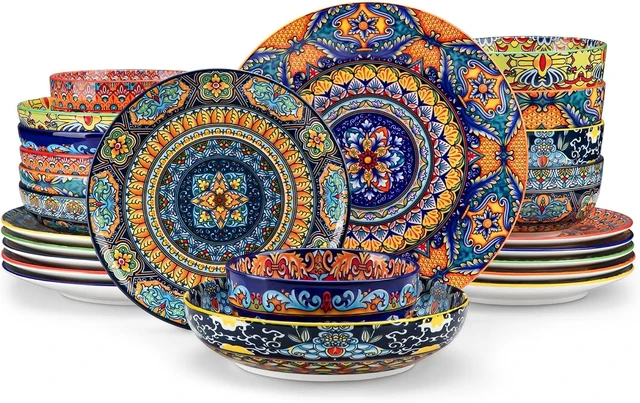 Main image of 24-Piece Dinnerware Sets,Plates & Bowls Sets Service for 6, Bohemian Porcelain Dishes Set for 6, Kitchen Dinner Set,Microwave & Dishwasher Safe, Scratch Resistant,Series KRVI