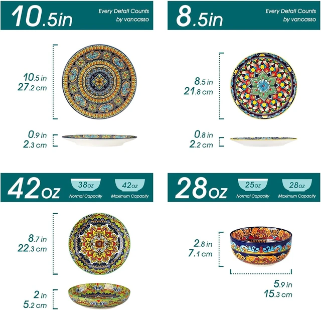 Alt view image 2 of 7 - 24-Piece Dinnerware Sets,Plates & Bowls Sets Service for 6, Bohemian Porcelain Dishes Set for 6, Kitchen Dinner Set,Microwave & Dishwasher Safe, Scratch Resistant,Series KRVI