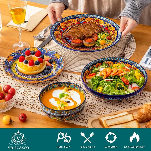 Alt view image 3 of 7 - 24-Piece Dinnerware Sets,Plates & Bowls Sets Service for 6, Bohemian Porcelain Dishes Set for 6, Kitchen Dinner Set,Microwave & Dishwasher Safe, Scratch Resistant,Series KRVI