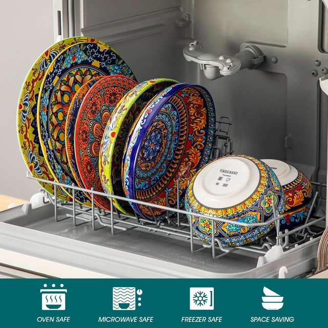 Alt view image 4 of 7 - 24-Piece Dinnerware Sets,Plates & Bowls Sets Service for 6, Bohemian Porcelain Dishes Set for 6, Kitchen Dinner Set,Microwave & Dishwasher Safe, Scratch Resistant,Series KRVI
