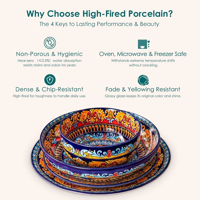 Alt view image 5 of 7 - 24-Piece Dinnerware Sets,Plates & Bowls Sets Service for 6, Bohemian Porcelain Dishes Set for 6, Kitchen Dinner Set,Microwave & Dishwasher Safe, Scratch Resistant,Series KRVI