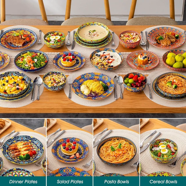 Alt view image 6 of 7 - 24-Piece Dinnerware Sets,Plates & Bowls Sets Service for 6, Bohemian Porcelain Dishes Set for 6, Kitchen Dinner Set,Microwave & Dishwasher Safe, Scratch Resistant,Series KRVI