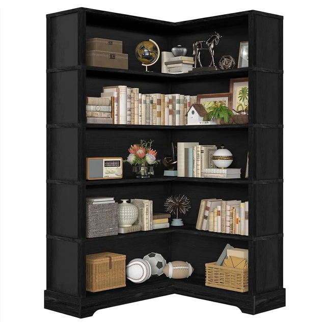 Main image of Wood Corner Book Shelf, 5 Tier 65 Inch Tall Bookshelf with Storage, Floor Standing Display Book Shelf for Living Room, Kitchen, Home Office, Black