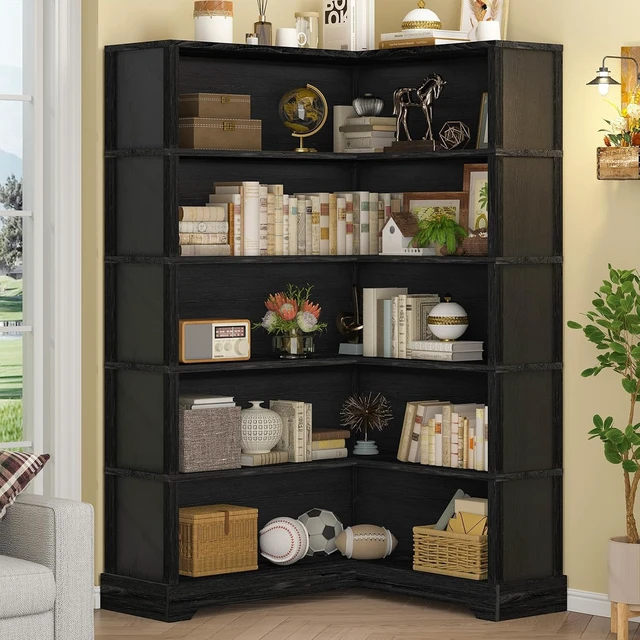 Alt view image 2 of 7 - Wood Corner Book Shelf, 5 Tier 65 Inch Tall Bookshelf with Storage, Floor Standing Display Book Shelf for Living Room, Kitchen, Home Office, Black