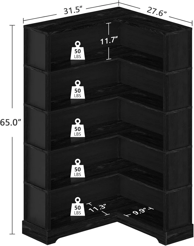 Alt view image 3 of 7 - Wood Corner Book Shelf, 5 Tier 65 Inch Tall Bookshelf with Storage, Floor Standing Display Book Shelf for Living Room, Kitchen, Home Office, Black