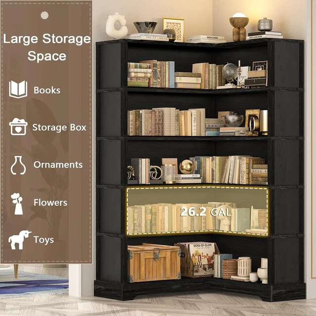 Alt view image 4 of 7 - Wood Corner Book Shelf, 5 Tier 65 Inch Tall Bookshelf with Storage, Floor Standing Display Book Shelf for Living Room, Kitchen, Home Office, Black