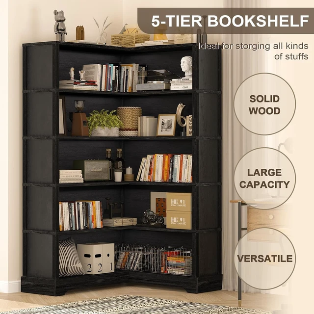 Alt view image 5 of 7 - Wood Corner Book Shelf, 5 Tier 65 Inch Tall Bookshelf with Storage, Floor Standing Display Book Shelf for Living Room, Kitchen, Home Office, Black