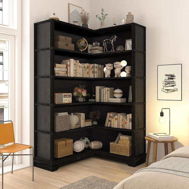 Alt view image 6 of 7 - Wood Corner Book Shelf, 5 Tier 65 Inch Tall Bookshelf with Storage, Floor Standing Display Book Shelf for Living Room, Kitchen, Home Office, Black