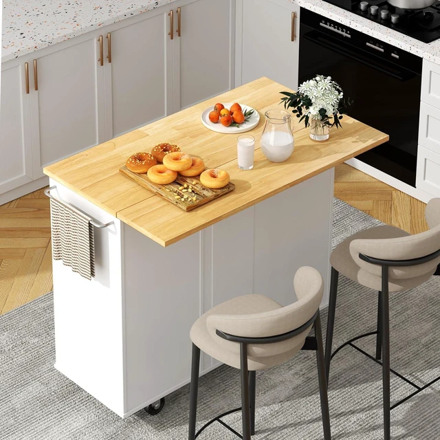 Main image of Kitchen Island with Folding Drop Leaf, Rolling Island Table with Storage, Kitchen Cabinet on Wheels with Seating Area for Kitchen, Bar Cart with Cabinet, White