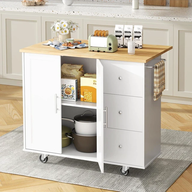 Alt view image 2 of 7 - Kitchen Island with Folding Drop Leaf, Rolling Island Table with Storage, Kitchen Cabinet on Wheels with Seating Area for Kitchen, Bar Cart with Cabinet, White