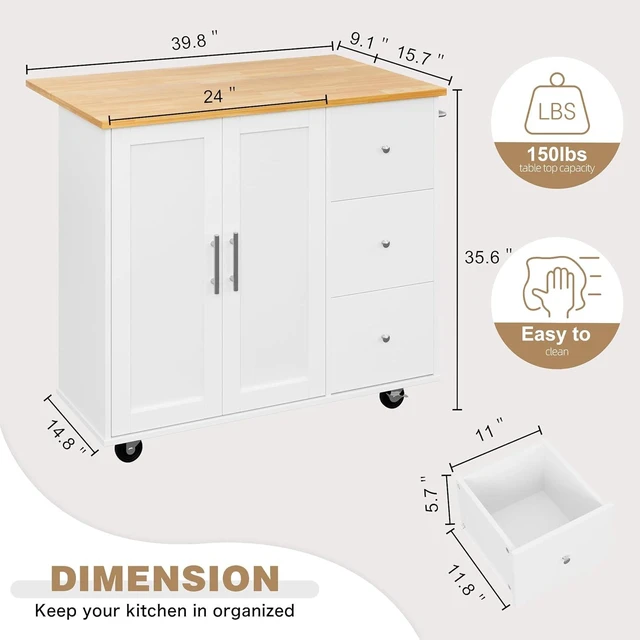 Alt view image 3 of 7 - Kitchen Island with Folding Drop Leaf, Rolling Island Table with Storage, Kitchen Cabinet on Wheels with Seating Area for Kitchen, Bar Cart with Cabinet, White