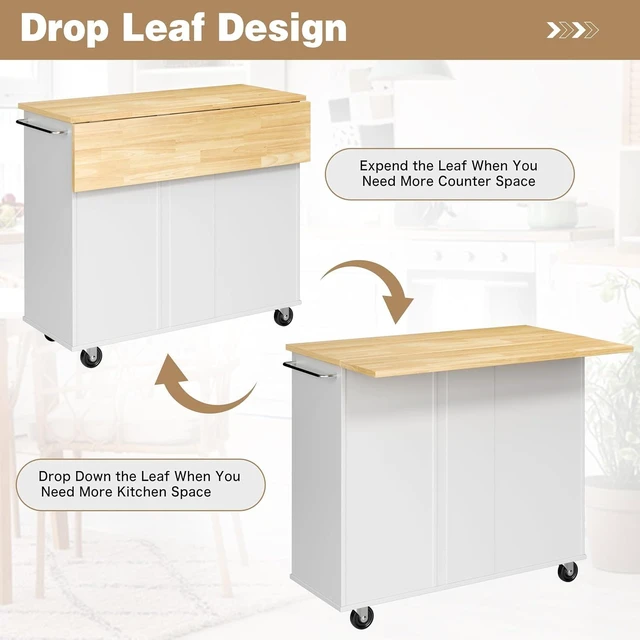 Alt view image 4 of 7 - Kitchen Island with Folding Drop Leaf, Rolling Island Table with Storage, Kitchen Cabinet on Wheels with Seating Area for Kitchen, Bar Cart with Cabinet, White