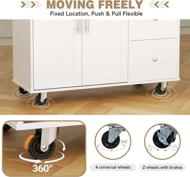 Alt view image 5 of 7 - Kitchen Island with Folding Drop Leaf, Rolling Island Table with Storage, Kitchen Cabinet on Wheels with Seating Area for Kitchen, Bar Cart with Cabinet, White