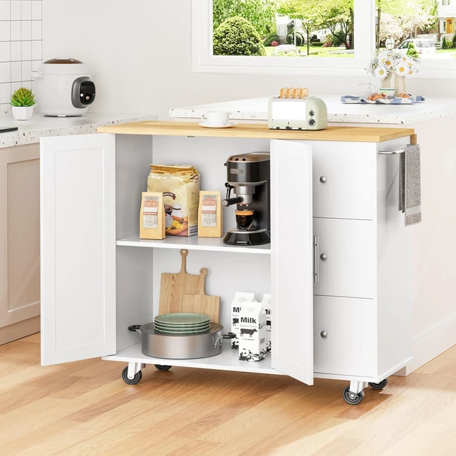 Alt view image 7 of 7 - Kitchen Island with Folding Drop Leaf, Rolling Island Table with Storage, Kitchen Cabinet on Wheels with Seating Area for Kitchen, Bar Cart with Cabinet, White