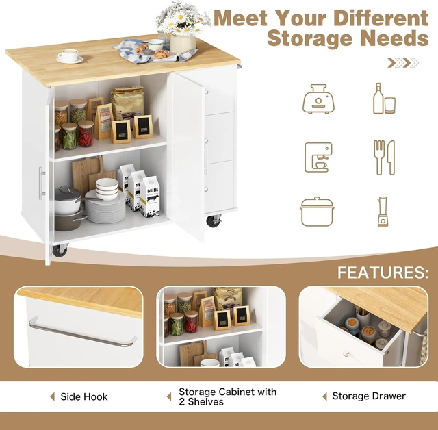 Alt view image 6 of 7 - Kitchen Island with Folding Drop Leaf, Rolling Island Table with Storage, Kitchen Cabinet on Wheels with Seating Area for Kitchen, Bar Cart with Cabinet, White