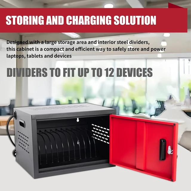 Alt view image 5 of 7 - 12-Bay Charging Cart for Chromebook/Tablet, Red + Black