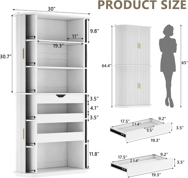 Alt view image 2 of 7 - Kitchen Pantry with Sliding Doors, Tall Modern Curved Pantry Storage Cabinets with Drawer & Pull Out Shelves, 64-Inch Freestanding Wood Cupboard for Kitchen Dining Room Living Room, White
