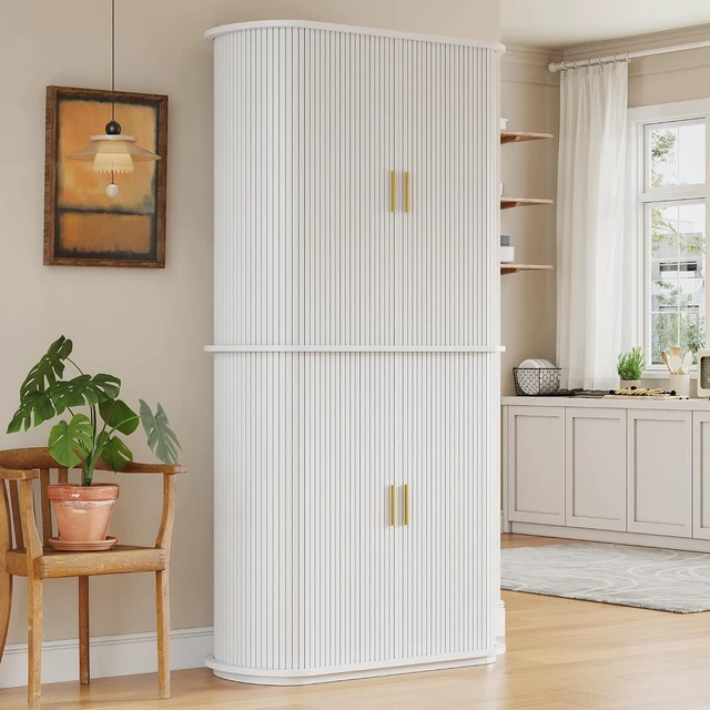 Alt view image 3 of 7 - Kitchen Pantry with Sliding Doors, Tall Modern Curved Pantry Storage Cabinets with Drawer & Pull Out Shelves, 64-Inch Freestanding Wood Cupboard for Kitchen Dining Room Living Room, White