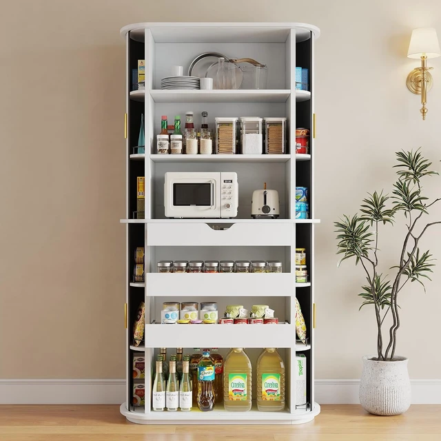 Alt view image 4 of 7 - Kitchen Pantry with Sliding Doors, Tall Modern Curved Pantry Storage Cabinets with Drawer & Pull Out Shelves, 64-Inch Freestanding Wood Cupboard for Kitchen Dining Room Living Room, White