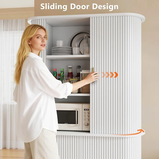 Alt view image 5 of 7 - Kitchen Pantry with Sliding Doors, Tall Modern Curved Pantry Storage Cabinets with Drawer & Pull Out Shelves, 64-Inch Freestanding Wood Cupboard for Kitchen Dining Room Living Room, White