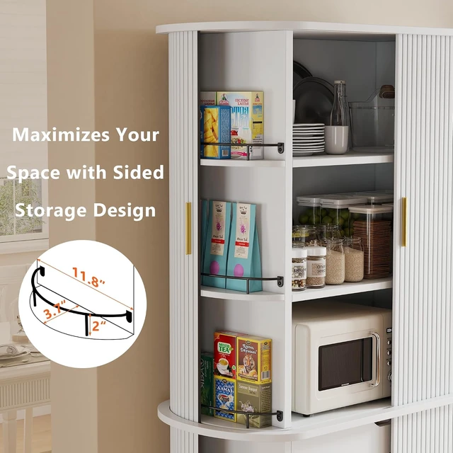 Alt view image 6 of 7 - Kitchen Pantry with Sliding Doors, Tall Modern Curved Pantry Storage Cabinets with Drawer & Pull Out Shelves, 64-Inch Freestanding Wood Cupboard for Kitchen Dining Room Living Room, White