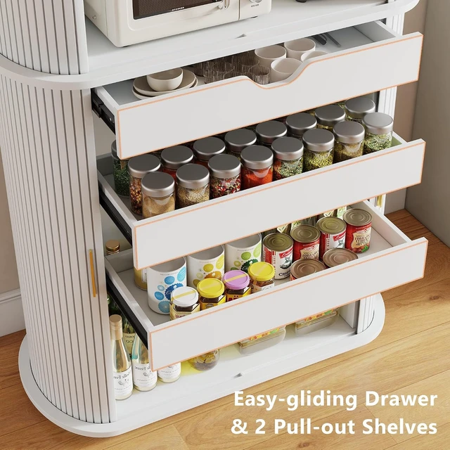 Alt view image 7 of 7 - Kitchen Pantry with Sliding Doors, Tall Modern Curved Pantry Storage Cabinets with Drawer & Pull Out Shelves, 64-Inch Freestanding Wood Cupboard for Kitchen Dining Room Living Room, White