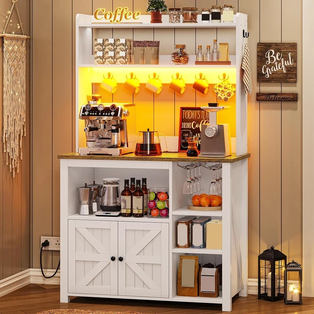 Alt view image 3 of 7 - 35.4 inch Bakers Rack with Power Outlet and Storage, Farmhouse Coffee Bar Cabinet, Microwave Stand Kitchen Cabinet with Hutch, LED Lights, Wine Glass Holder and 8 HooksWhite