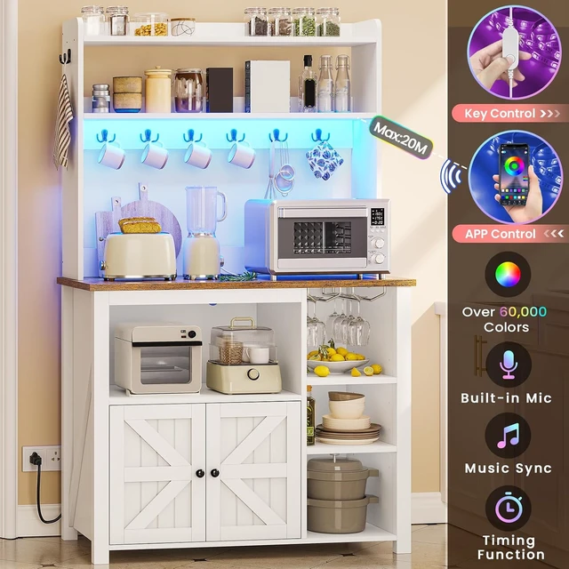 Alt view image 4 of 7 - 35.4 inch Bakers Rack with Power Outlet and Storage, Farmhouse Coffee Bar Cabinet, Microwave Stand Kitchen Cabinet with Hutch, LED Lights, Wine Glass Holder and 8 HooksWhite