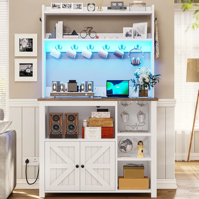 Alt view image 7 of 7 - 35.4 inch Bakers Rack with Power Outlet and Storage, Farmhouse Coffee Bar Cabinet, Microwave Stand Kitchen Cabinet with Hutch, LED Lights, Wine Glass Holder and 8 HooksWhite