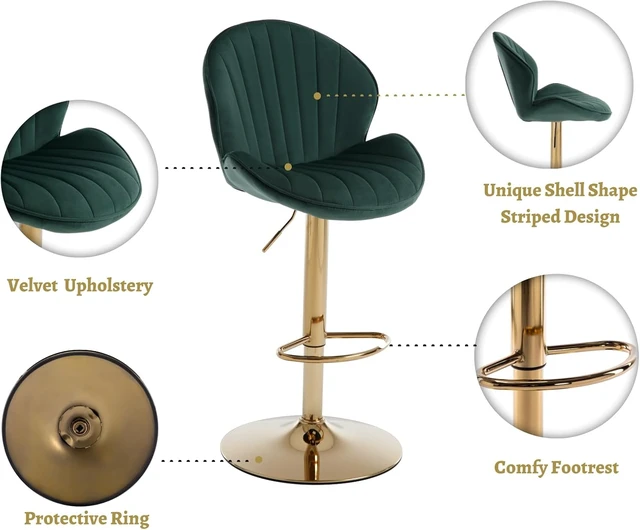 Alt view image 4 of 7 - Velvet Swivel Bar Stools Set of 2 Modern Counter Height Barstools with Back and Gold Base Adjustable Bar Chairs Comfortable Upholstered Kitchen Island Stools for Home Bar/Pub, Green
