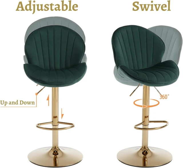Alt view image 5 of 7 - Velvet Swivel Bar Stools Set of 2 Modern Counter Height Barstools with Back and Gold Base Adjustable Bar Chairs Comfortable Upholstered Kitchen Island Stools for Home Bar/Pub, Green