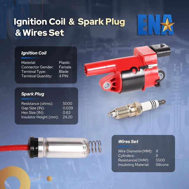 Alt view image 4 of 7 - 8 Pack Red Round Ignition Coil Iridium Spark Plugs and Wire Set