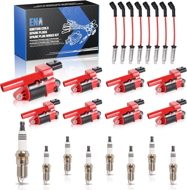 Main image of 8 Pack Red Round Ignition Coil Iridium Spark Plugs and Wire Set