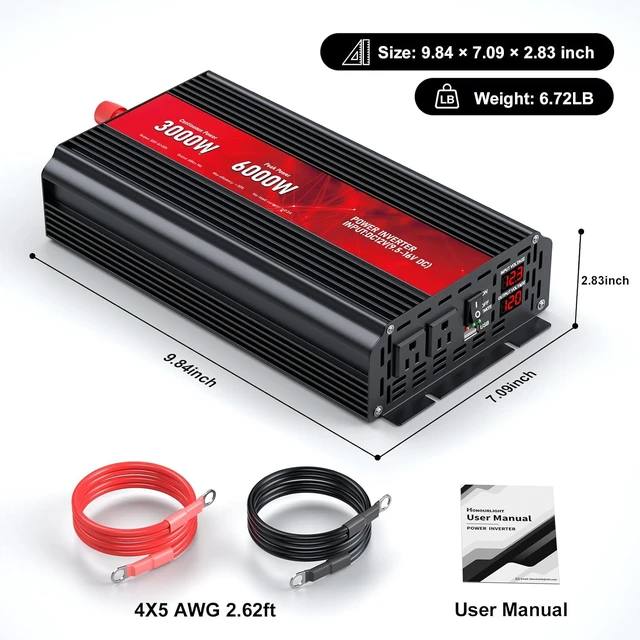Alt view image 7 of 7 - 3000W Power Inverter 12V DC to 110V/120V AC, 6000W Peak Car Inverter for RV