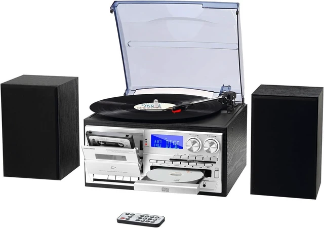 Main image of 10 in 1 Record Player with External Speakers, Timeless Vintage Style & Rich Stereo Sound, Two-Way Bluetooth, 3-Speed Turntable, CD, Cassette, AM/FM Radio, USB/SD, Remote Control, Black