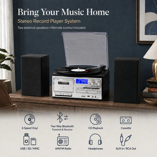 Alt view image 2 of 7 - 10 in 1 Record Player with External Speakers, Timeless Vintage Style & Rich Stereo Sound, Two-Way Bluetooth, 3-Speed Turntable, CD, Cassette, AM/FM Radio, USB/SD, Remote Control, Black
