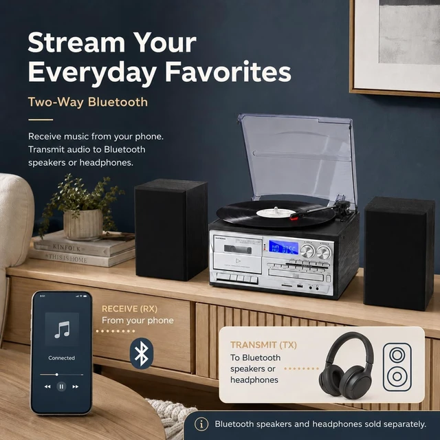 Alt view image 3 of 7 - 10 in 1 Record Player with External Speakers, Timeless Vintage Style & Rich Stereo Sound, Two-Way Bluetooth, 3-Speed Turntable, CD, Cassette, AM/FM Radio, USB/SD, Remote Control, Black