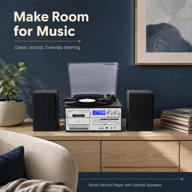 Alt view image 7 of 7 - 10 in 1 Record Player with External Speakers, Timeless Vintage Style & Rich Stereo Sound, Two-Way Bluetooth, 3-Speed Turntable, CD, Cassette, AM/FM Radio, USB/SD, Remote Control, Black