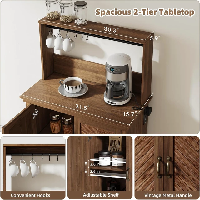Alt view image 3 of 7 - Coffee Bar Cabinet with Storage and Charging Station,Walnut