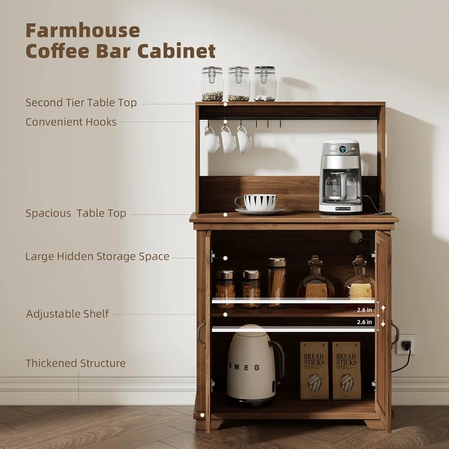 Alt view image 4 of 7 - Coffee Bar Cabinet with Storage and Charging Station,Walnut