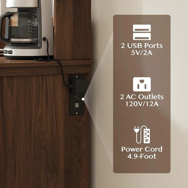 Alt view image 5 of 7 - Coffee Bar Cabinet with Storage and Charging Station,Walnut