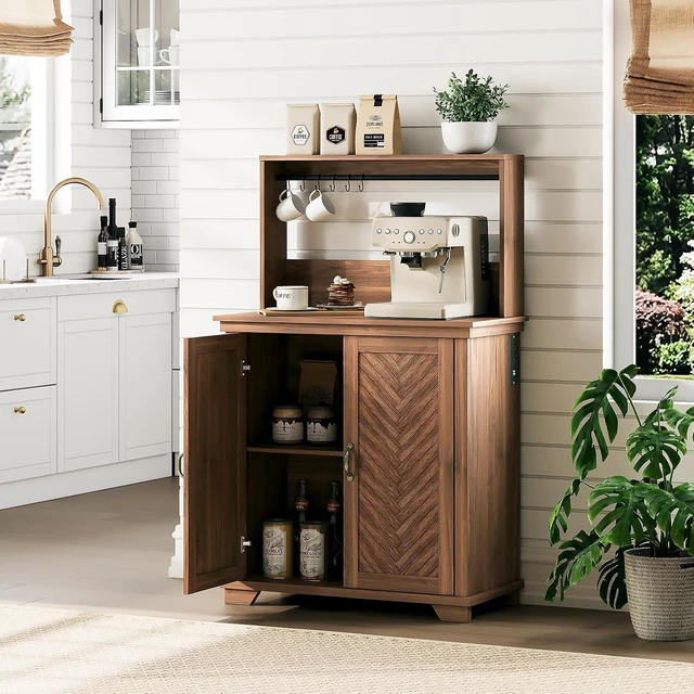 Alt view image 7 of 7 - Coffee Bar Cabinet with Storage and Charging Station,Walnut