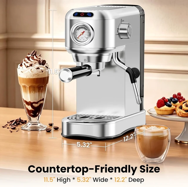 Alt view image 2 of 7 - Espresso Machine 20 Bar, Compact Espresso Coffee Machine with Milk Frother, Stainless Steel Coffee Maker with 34oz Removable Water Tank, Cappuccino Machine for Home, Office, Latte (Silver)