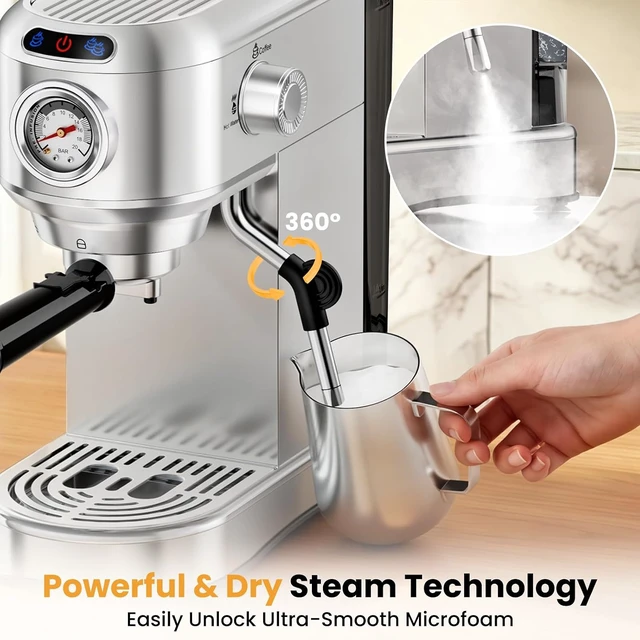 Alt view image 4 of 7 - Espresso Machine 20 Bar, Compact Espresso Coffee Machine with Milk Frother, Stainless Steel Coffee Maker with 34oz Removable Water Tank, Cappuccino Machine for Home, Office, Latte (Silver)