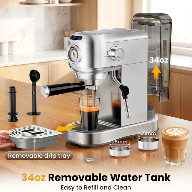 Alt view image 5 of 7 - Espresso Machine 20 Bar, Compact Espresso Coffee Machine with Milk Frother, Stainless Steel Coffee Maker with 34oz Removable Water Tank, Cappuccino Machine for Home, Office, Latte (Silver)