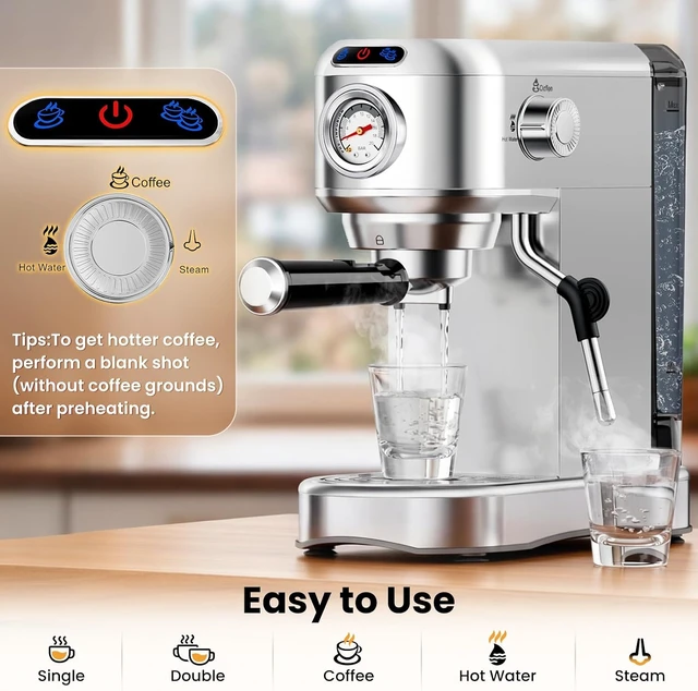 Alt view image 7 of 7 - Espresso Machine 20 Bar, Compact Espresso Coffee Machine with Milk Frother, Stainless Steel Coffee Maker with 34oz Removable Water Tank, Cappuccino Machine for Home, Office, Latte (Silver)