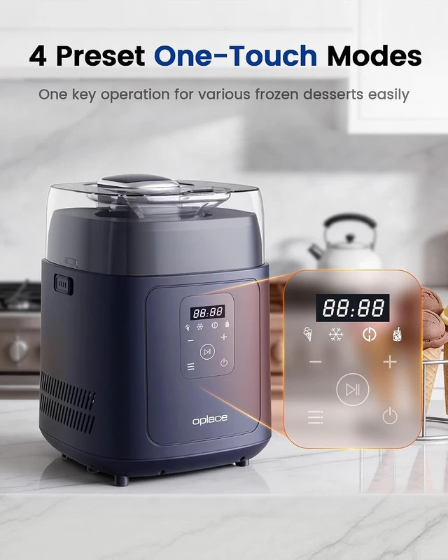 Alt view image 4 of 7 - 4-in-1 Compressor Ice Cream Maker (1.0Qt), No Pre-Freezing, Automatic Yogurt Maker, Gelato Sorbet Frozen Yogurt Soft Serve Machine, Compact Vertical Design for Home Kitchen(Blue)